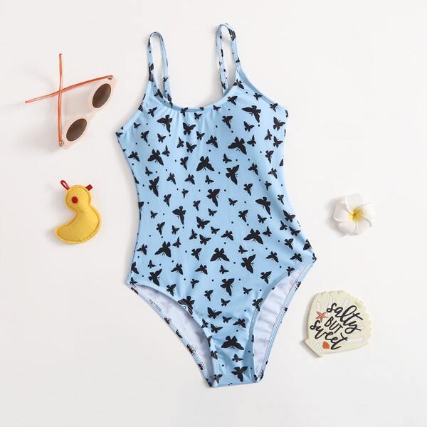 

Girls Random Butterfly Print One Piece Swimsuit, Blue