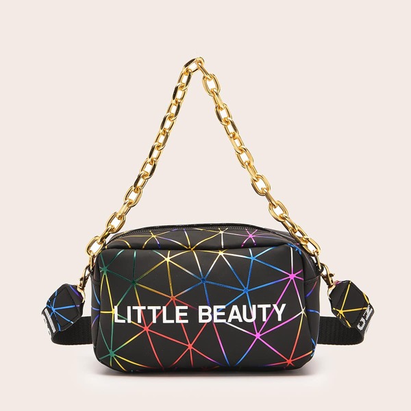 

Letter & Geometric Graphic Chain Satchel Bag, Black
