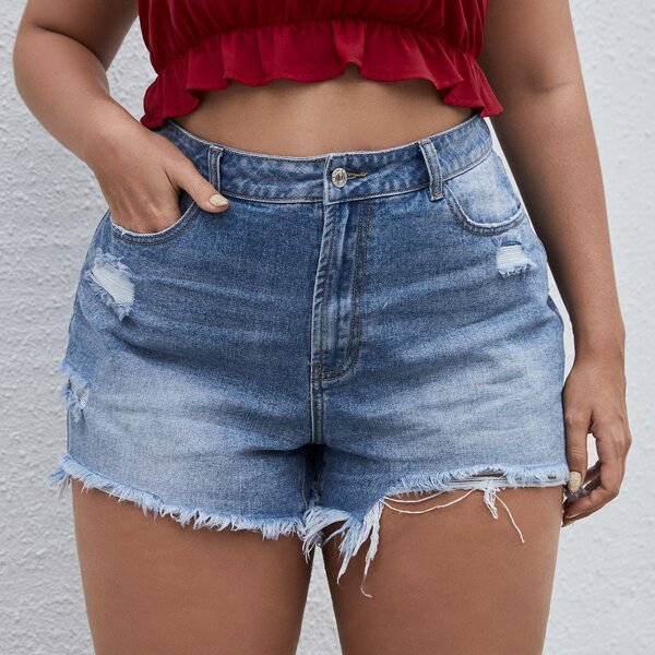 

Plus Raw Hem Denim Shorts, Medium wash