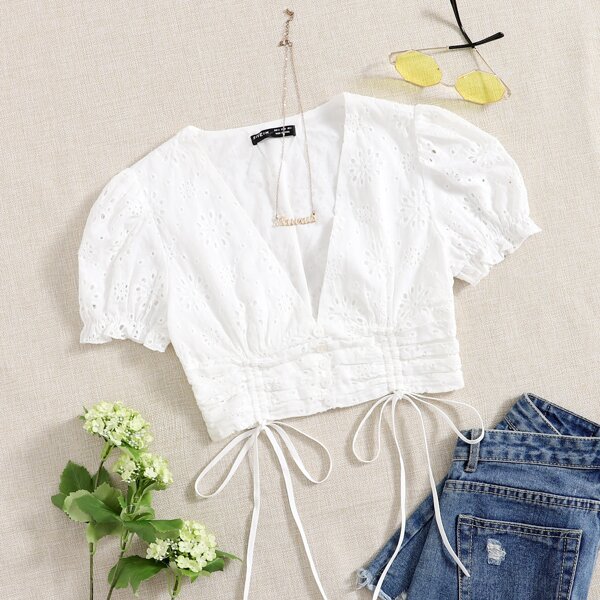 

V-neck Puff Sleeve Drawstring Ruched Front Schiffy Crop Top, White