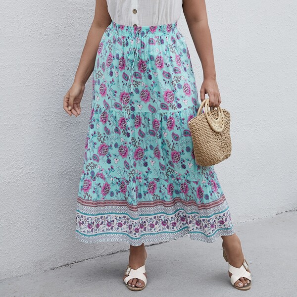 

Plus All Over Floral Print Ruffle Hem Skirt, Multicolor