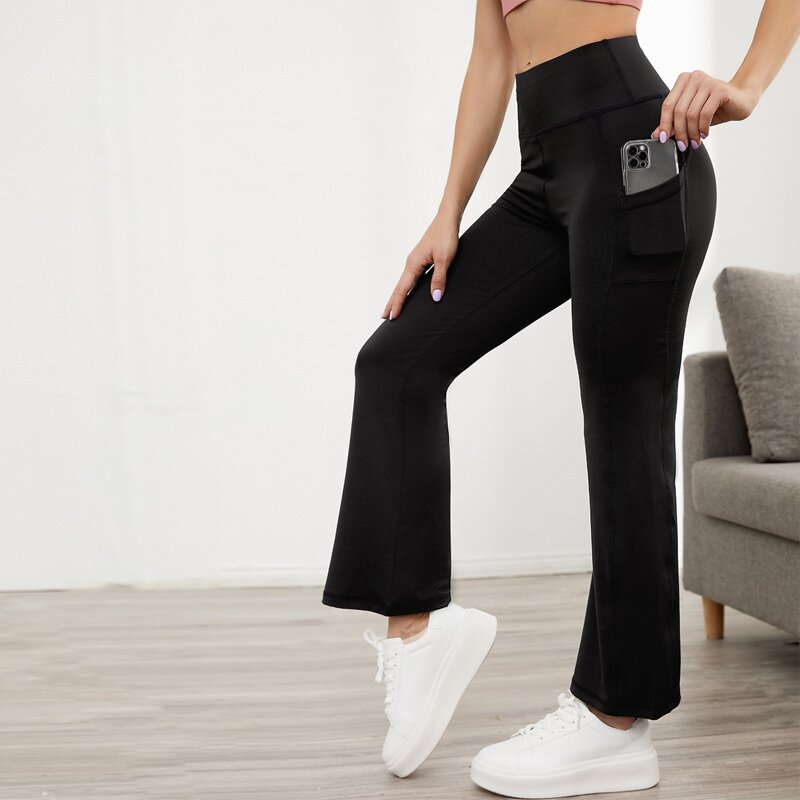 

Solid Wide Waistband Sports Pants With Phone Pocket, Black