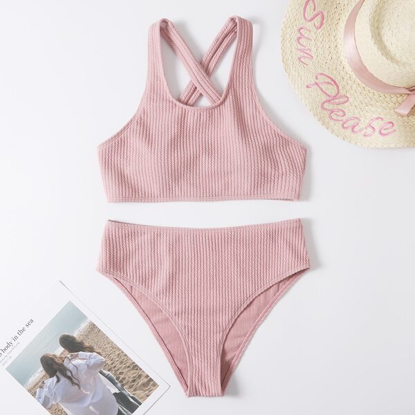

Textured High Waisted Bikini Swimsuit, Baby pink