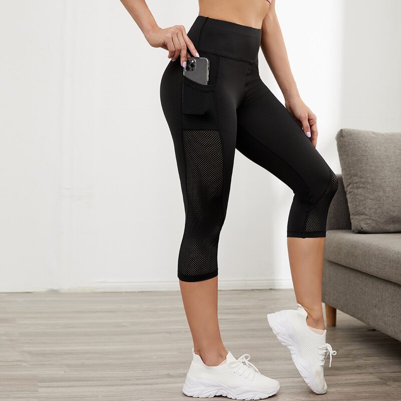 

Laser Cut Sports Leggings With Phone Pocket, Black