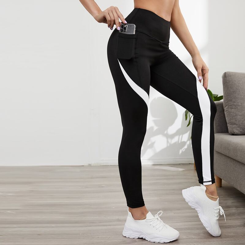 

Contrast Panel Sports Leggings With Phone Pocket, Black