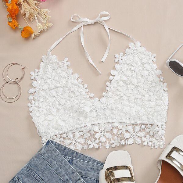 

Guipure Lace Tie Back Halter Top, White