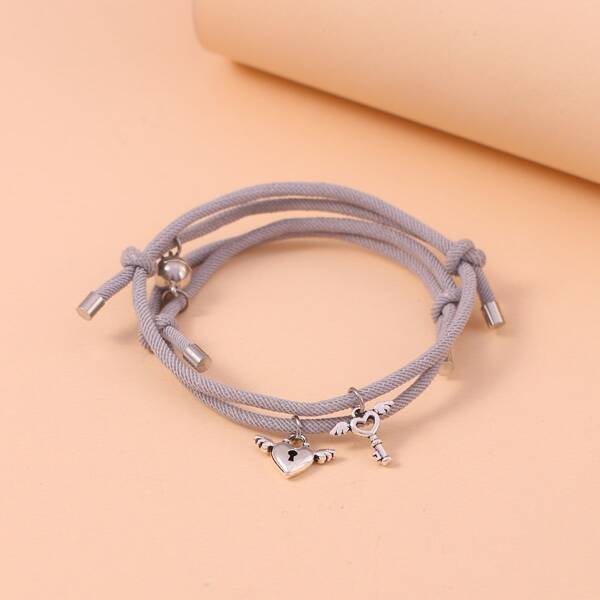 

2pcs Men Lock & Key Charm Bracelet, Grey
