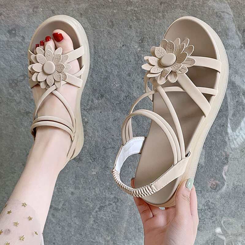 

Floral Criss Cross Strap Sandals, Beige