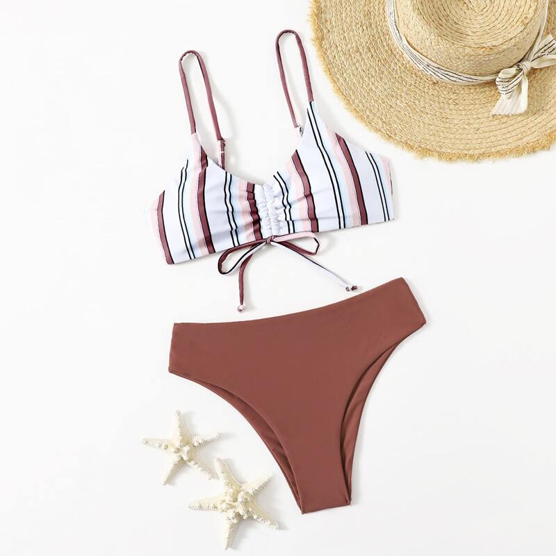 

Striped Drawstring Bikini Swimsuit, Redwood