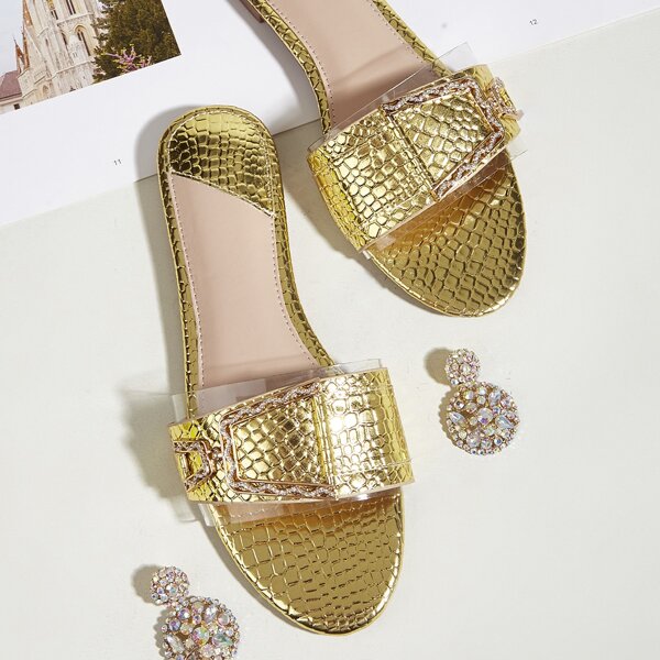 

Croc Embossed Rhinestone Decor Slide Sandals, Gold