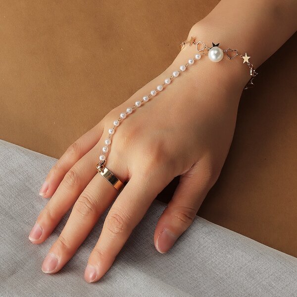 

Faux Pearl Decor Finger Ring Bracelet, Gold
