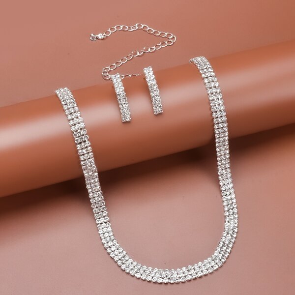 

Rhinestone Decor Necklace & 1pair Earrings, Silver