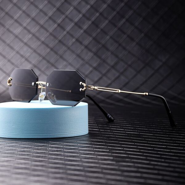 

Men Geometric Design Rimless Sunglasses, Black