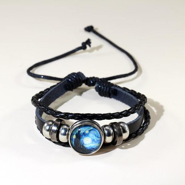

Men Graphic Round Decor Layered Bracelet, Black