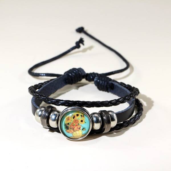 

Men Flower Print Round Decor Layered Bracelet, Black