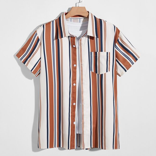 

Men Vertical Striped Pocket Patched Shirt, Multicolor
