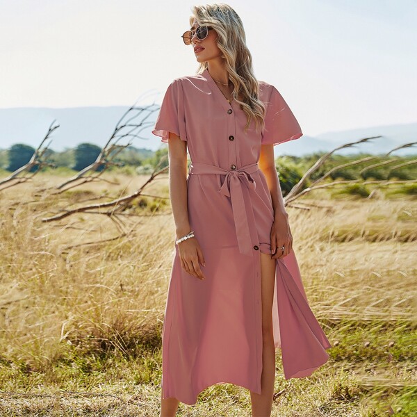 

Solid Button Up Belted Dress, Dusty pink