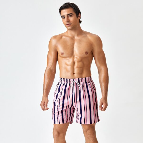 

Men Striped Drawstring Waist Swim Trunks, Multicolor