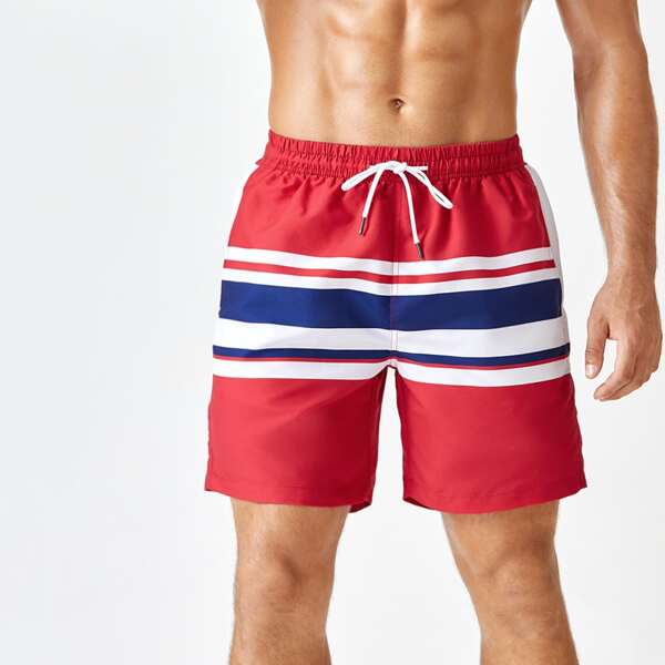 

Men Striped Drawstring Waist Swim Trunks, Multicolor