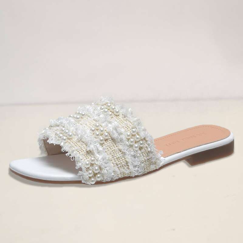 

Faux Pearl Band Slide Sandals, Beige