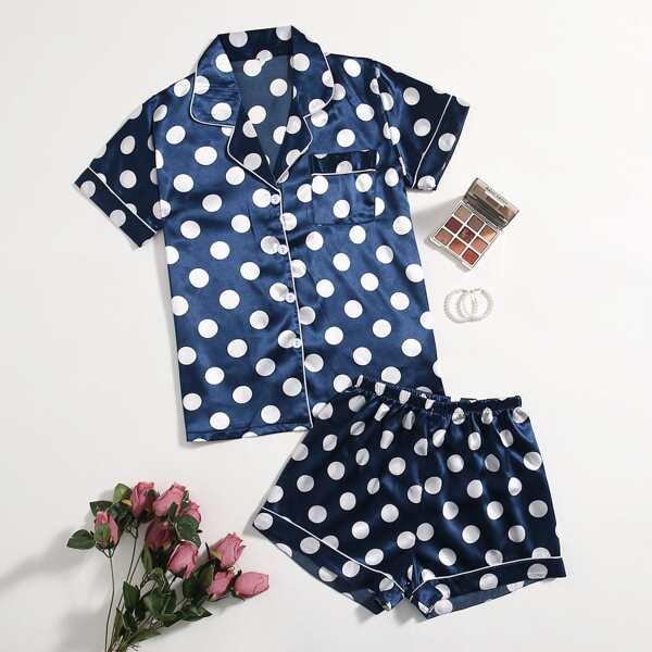 

Polka Dot Satin Night Set, Navy blue