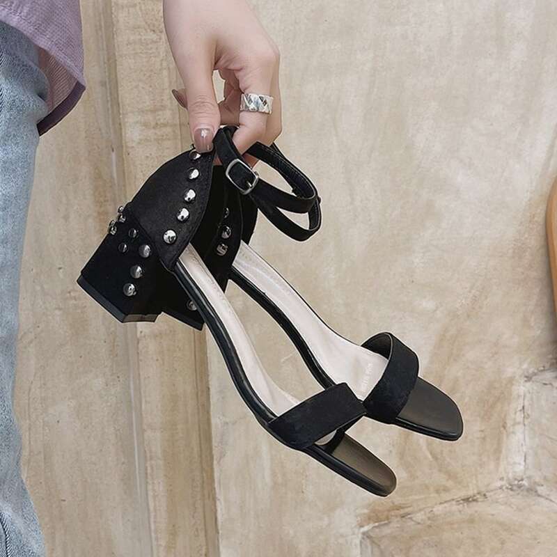 

Studded Chunky Heeled Sandals, Black