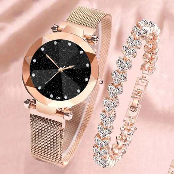 

1pc Rhinestone Decor Mesh Strap Watch & 1pc Bracelet