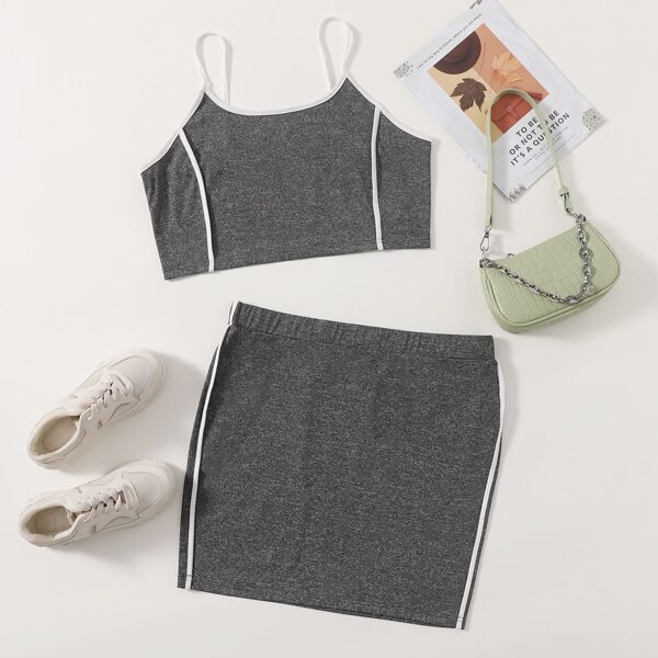 

Plus Contrast Piping Cami Top With Skirt, Grey