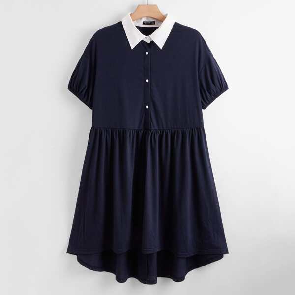

Plus Contrast Collar Half Button Shirt Babydoll Dress, Navy blue
