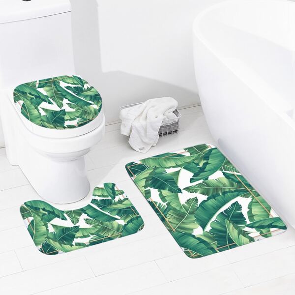 

1pc Leaf Print Closestool Mat, Green