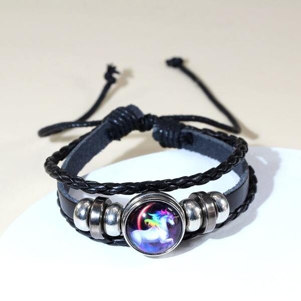 

Men Unicorn Print Round Decor Layered Bracelet, Black