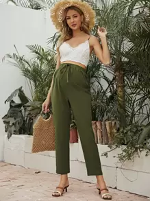SHEIN Maternity Knot Waist Solid Trousers - Army Green - View 1