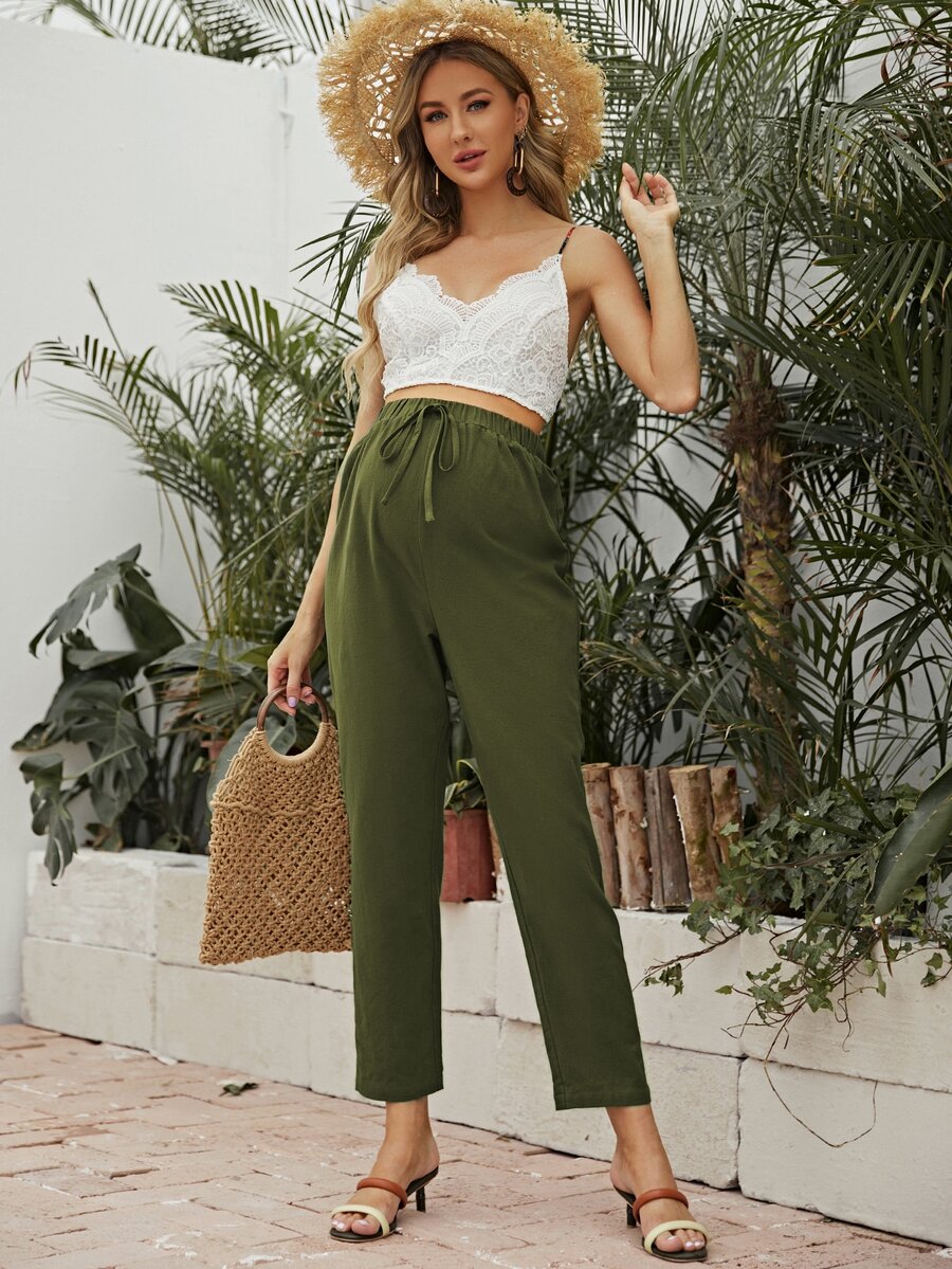 SHEIN Maternity Knot Waist Solid Trousers - Army Green - View 1