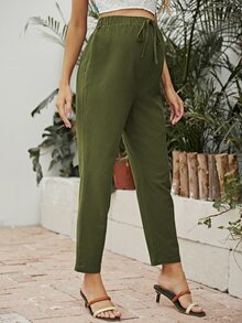 SHEIN Maternity Knot Waist Solid Trousers - Army Green - View 4