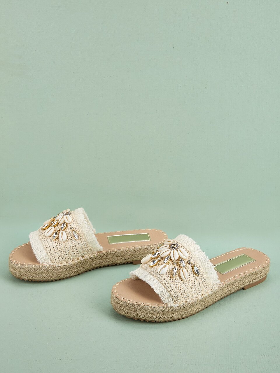 Women's Comfortable Shell Tassel Strap Flat Slip-On Sandals, Beige Raffia Summer Resort Style,Beach Outfits