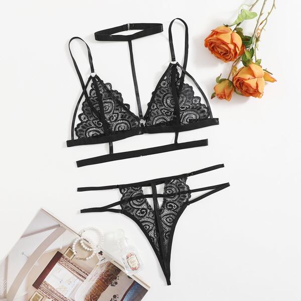 

Floral Lace Cut-out Lingerie Set With Choker, Black