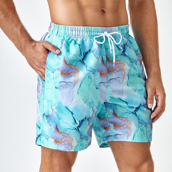 

Men Allover Print Drawstring Waist Swim Trunks, Multicolor