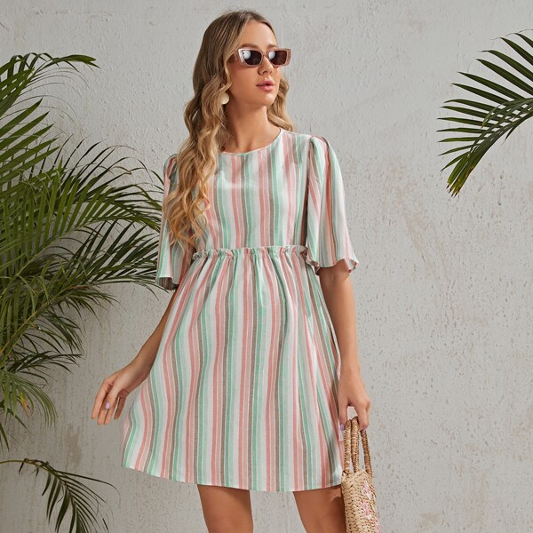 

Maternity Flutter Sleeve Frill Detail Striped Dress, Multicolor