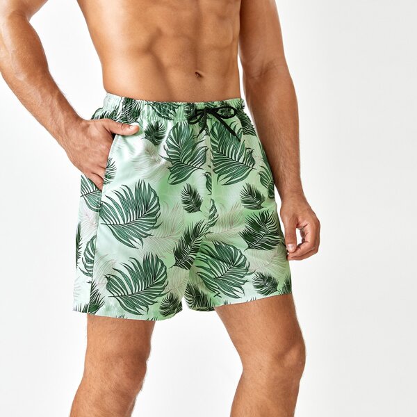 

Men Tropical Print Drawstring Waist Swim Trunks, Mint green