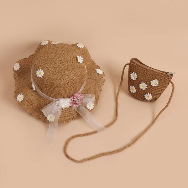 

Toddler Girls Flower Decor Straw Hat & Bag, Khaki
