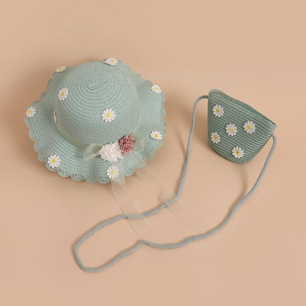 

Toddler Girls Flower Decor Straw Hat & Bag, Mint green