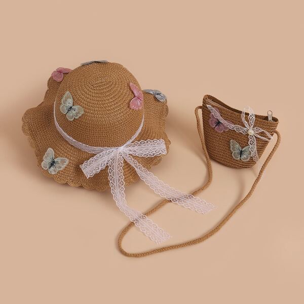 

Toddler Girls Butterfly Decor Straw Hat & Bag, Khaki