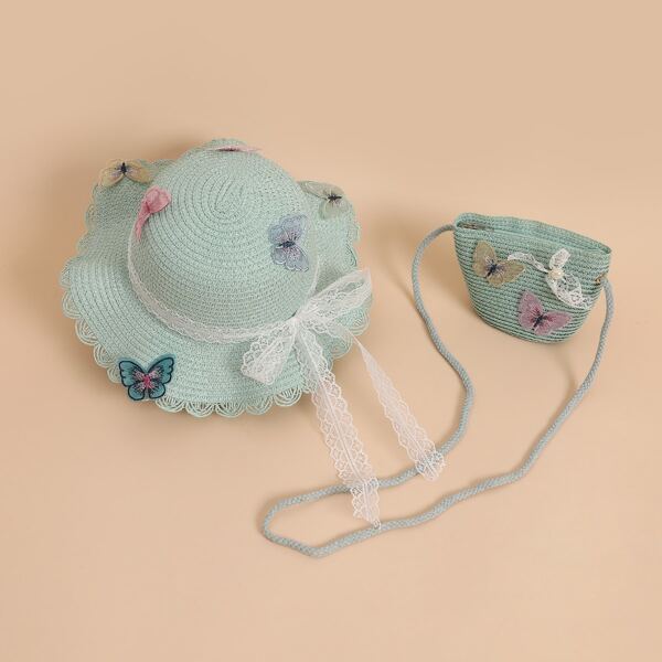 

Toddler Girls Butterfly Decor Straw Hat & Bag, Mint green