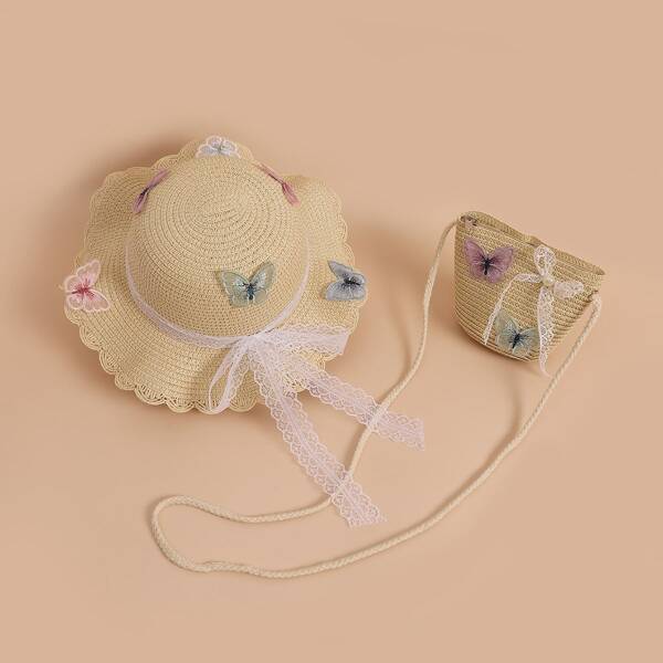 

Toddler Girls Butterfly Decor Straw Hat & Bag, Beige