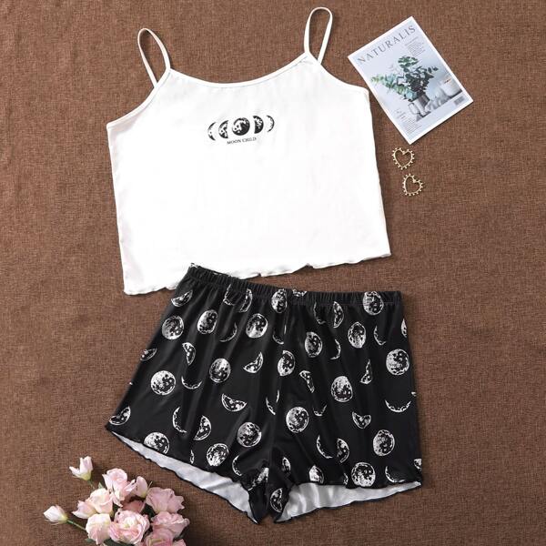 

Plus Moon Print Lettuce Trim Pajama Set, Black and white