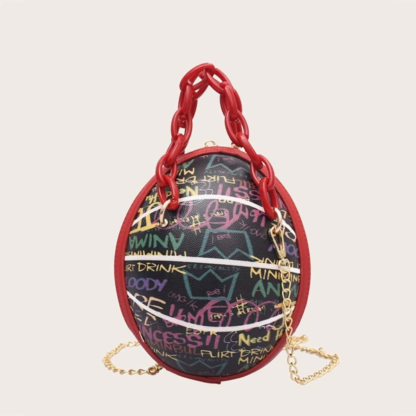 

Graffiti Graphic Basketball Design Chain Satchel Bag, Multicolor