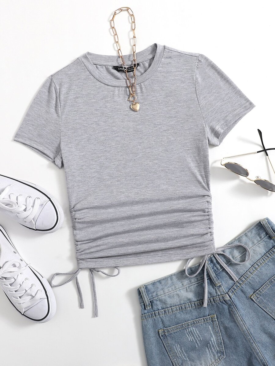 Muchica Drawstring Side Solid Tee - Light Grey - View 1