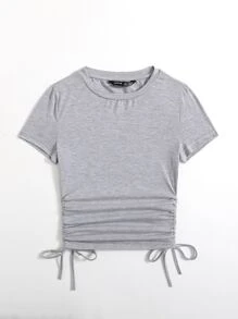 Muchica Drawstring Side Solid Tee - Light Grey - View 3