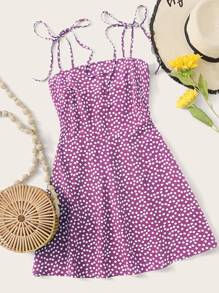 Soleia Knot Strap Shirred Back Ditsy Floral Dress - Lilac Purple - View 1