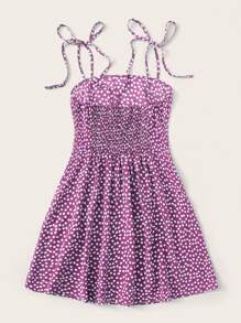 Soleia Knot Strap Shirred Back Ditsy Floral Dress - Lilac Purple - View 2